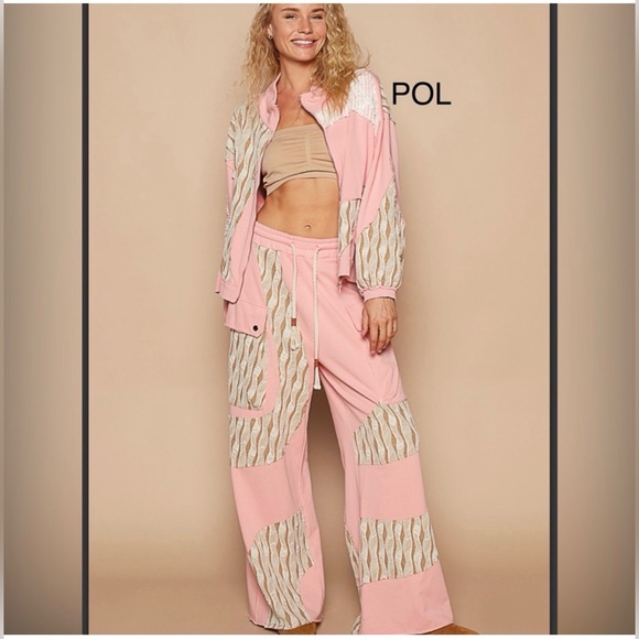 POL Pants - POL 2 piece Outfit, Pink, Cream, and Green Bomber Jacket and Pant, Size Medium
